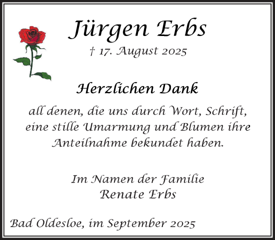 Traueranzeige von Jürgen Erbs von MARKT Bad Oldesloe/Reinfeld und Stormarner Tageblatt