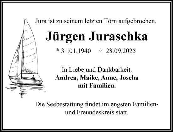 Traueranzeige von Jürgen Juraschka von MARKT Ahrensburg/Bargteheide/Trittau und Stormarner Tageblatt