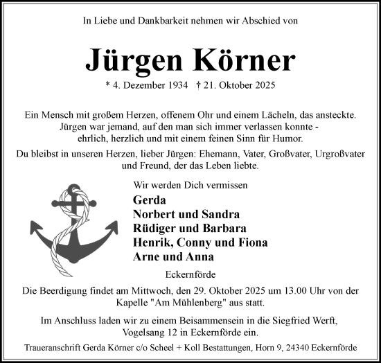 Traueranzeige von Jürgen Körner von Eckernförder Zeitung