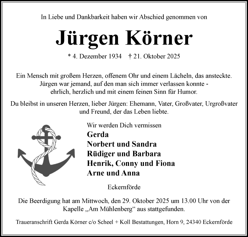  Traueranzeige für Jürgen Körner vom 01.11.2025 aus Hallo Eckernförde