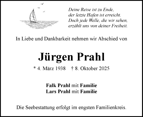 Traueranzeige von Jürgen Prahl von Flensburger Tageblatt