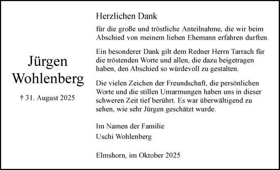 Traueranzeige von Jürgen Wohlenberg von Elmshorner Nachrichten, Barmstedter Zeitung