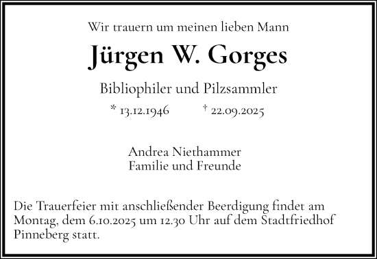 Traueranzeige von Jürgen W. Gorges von Region Pinneberg und tip Pinneberg