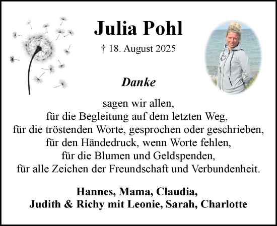Traueranzeige von Julia Pohl von Eckernförder Zeitung, Hallo Eckernförde
