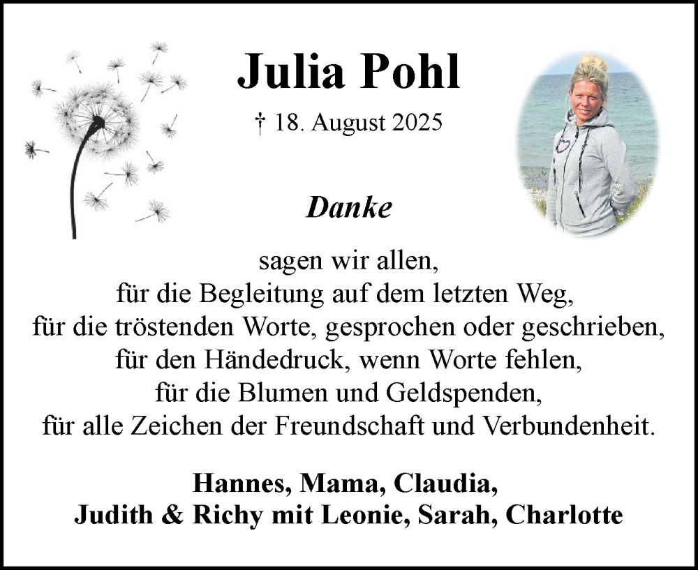  Traueranzeige für Julia Pohl vom 04.10.2025 aus Eckernförder Zeitung, Hallo Eckernförde