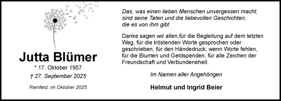 Traueranzeige von Jutta Blümer von MARKT Bad Oldesloe/Reinfeld und Stormarner Tageblatt