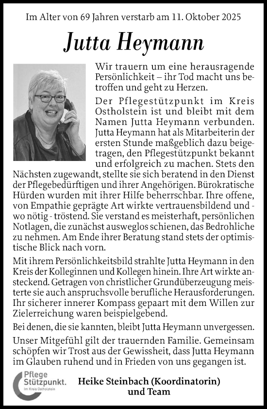 Traueranzeige von Jutta Heymann von Ostholsteiner Anzeiger