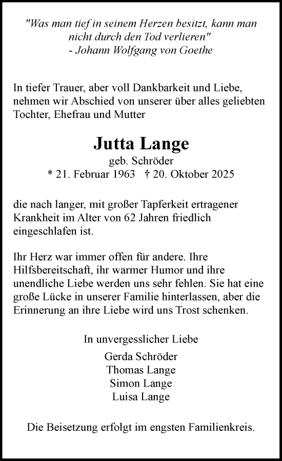 Traueranzeige von Jutta Lange von Region Pinneberg und tip Pinneberg