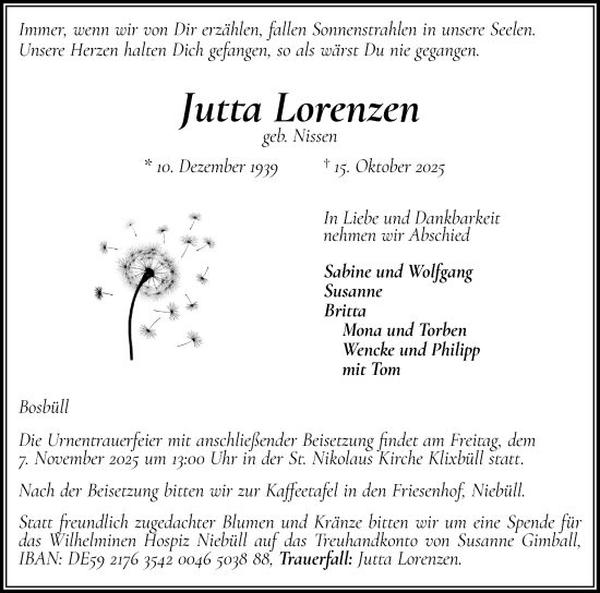 Traueranzeige von Jutta Lorenzen von Husumer Nachrichten, Nordfriesland Tageblatt