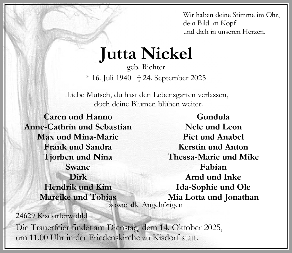  Traueranzeige für Jutta Nickel vom 04.10.2025 aus Umschau