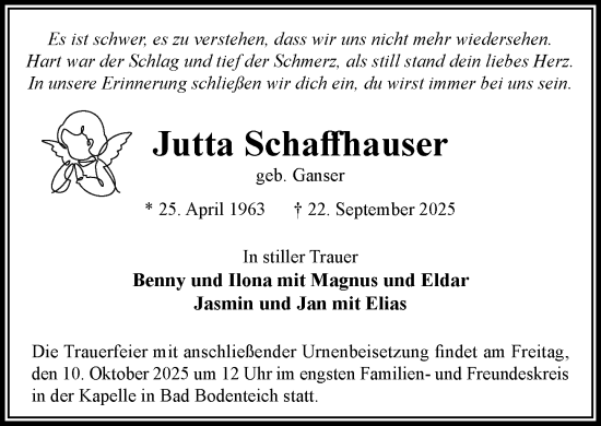 Traueranzeige von Jutta Schaffhauser von Wochenend Anzeiger