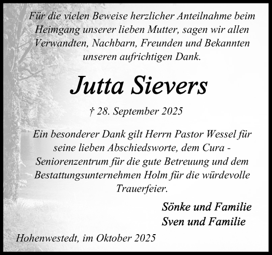 Traueranzeige von Jutta Sievers von Schleswig-Holsteinische Landeszeitung