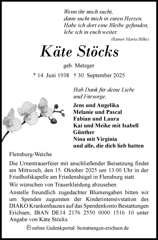 Traueranzeige von Käte Stöcks von Flensburger Tageblatt