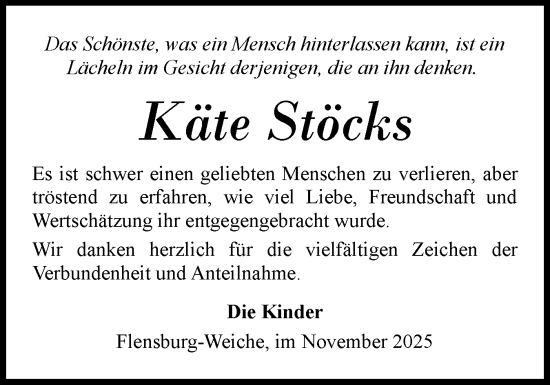 Traueranzeige von Käte Stöcks von Flensburger Tageblatt