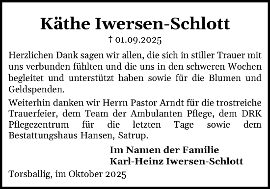 Traueranzeige von Käthe Iwersen-Schlott von Flensburger Tageblatt, Schleswiger Nachrichten, Schlei-Bote