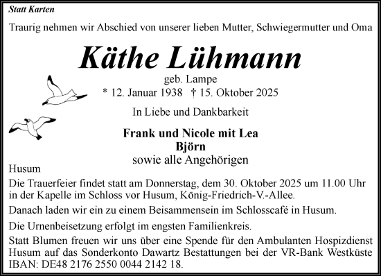 Traueranzeige von Käthe Lühmann von Husumer Nachrichten, Nordfriesland Tageblatt