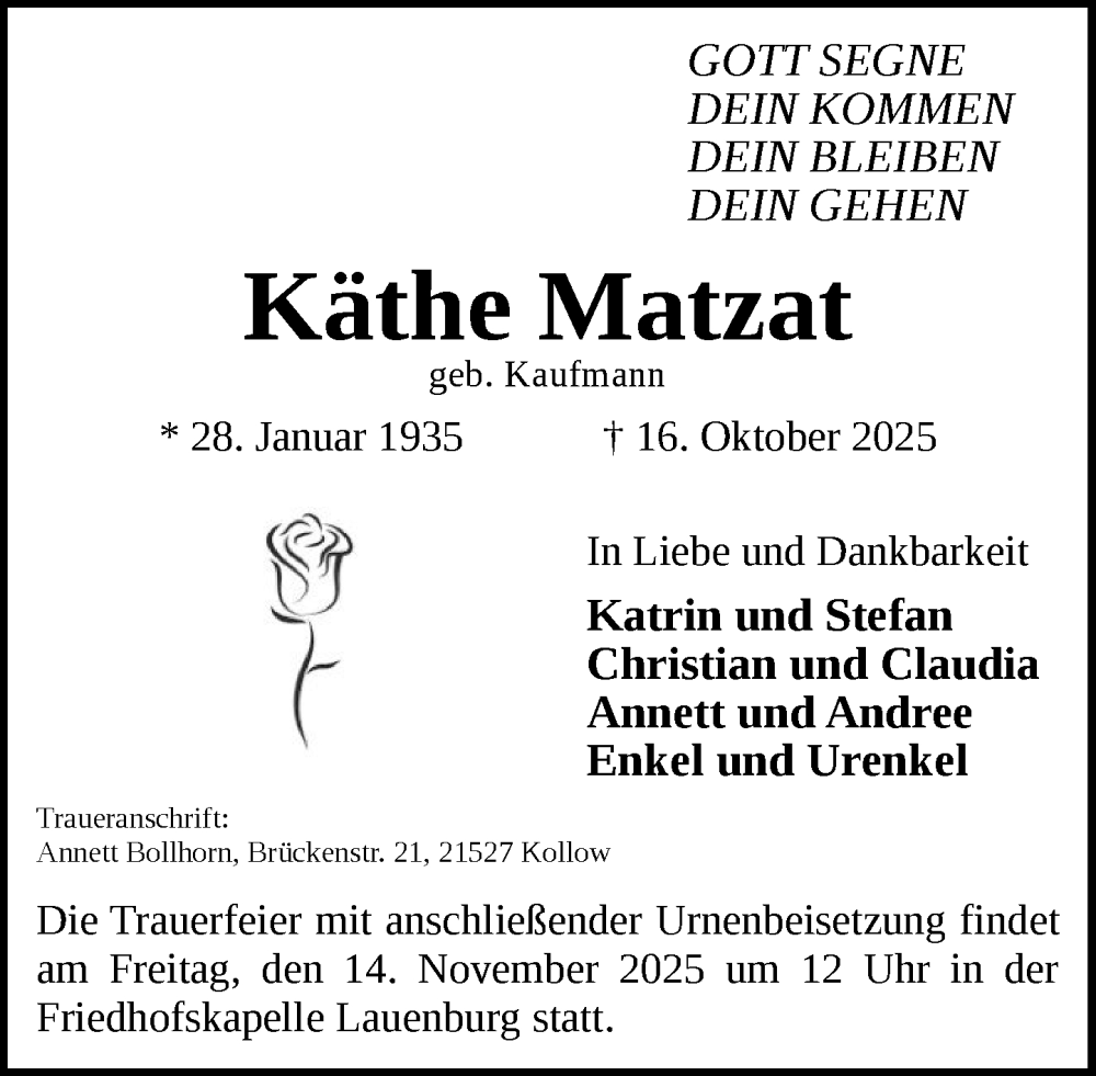  Traueranzeige für Käthe Matzat vom 25.10.2025 aus Wochenend Anzeiger