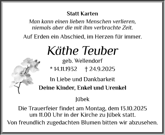 Traueranzeige von Käthe Teuber von Schleswiger Nachrichten, Schlei-Bote