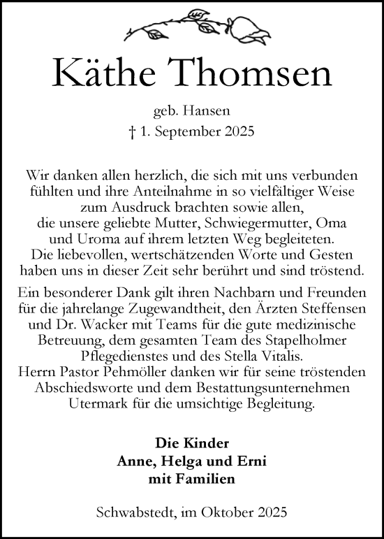 Traueranzeige von Käthe Thomsen von Husumer Nachrichten, Nordfriesland Tageblatt