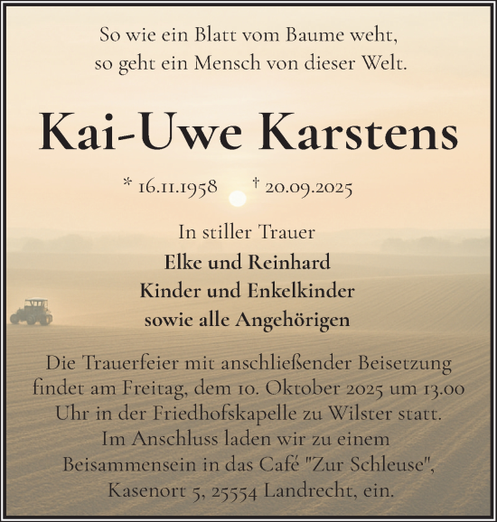 Traueranzeige von Kai-Uwe Karstens von Norddeutsche Rundschau, Wilstersche Zeitung, Glückstädter Fortuna