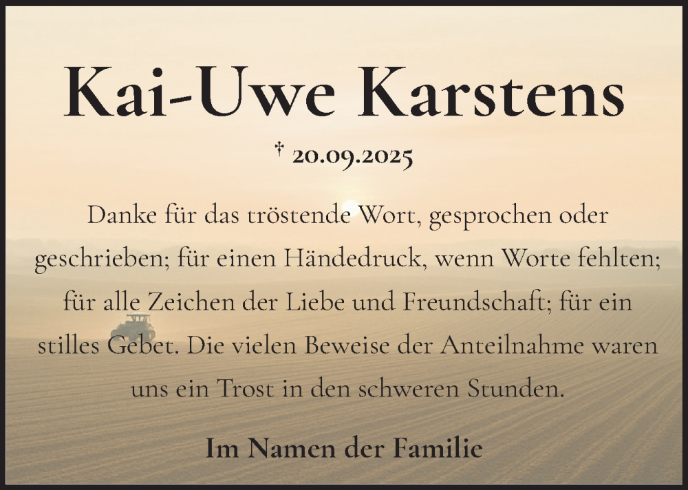  Traueranzeige für Kai-Uwe Karstens vom 25.10.2025 aus Norddeutsche Rundschau, Wilstersche Zeitung, Glückstädter Fortuna