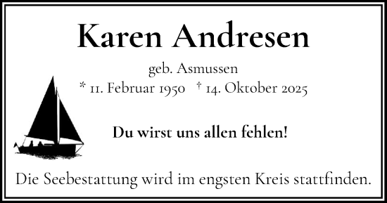 Traueranzeige von Karen Andresen von Flensburger Tageblatt
