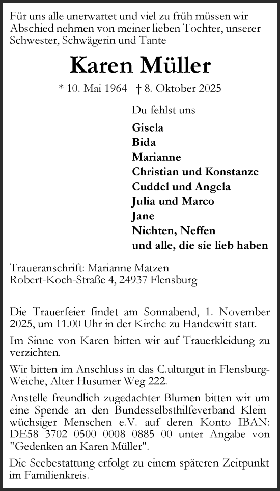 Traueranzeige von Karen Müller von Flensburger Tageblatt