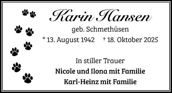 Traueranzeige von Karin Hansen von MARKT Bad Oldesloe/Reinfeld und Stormarner Tageblatt