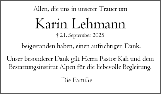 Traueranzeige von Karin Lehmann von Norddeutsche Rundschau, Wilstersche Zeitung, Glückstädter Fortuna