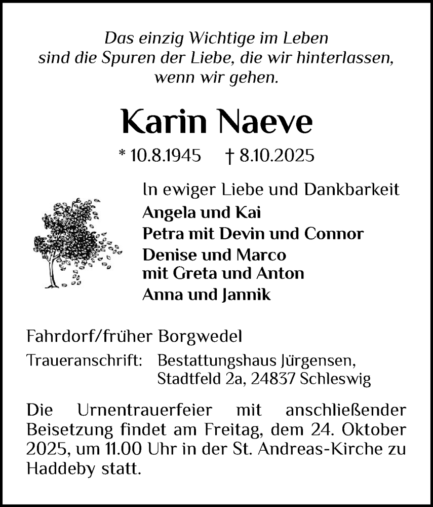  Traueranzeige für Karin Naeve vom 18.10.2025 aus Schleswiger Nachrichten, Schlei-Bote