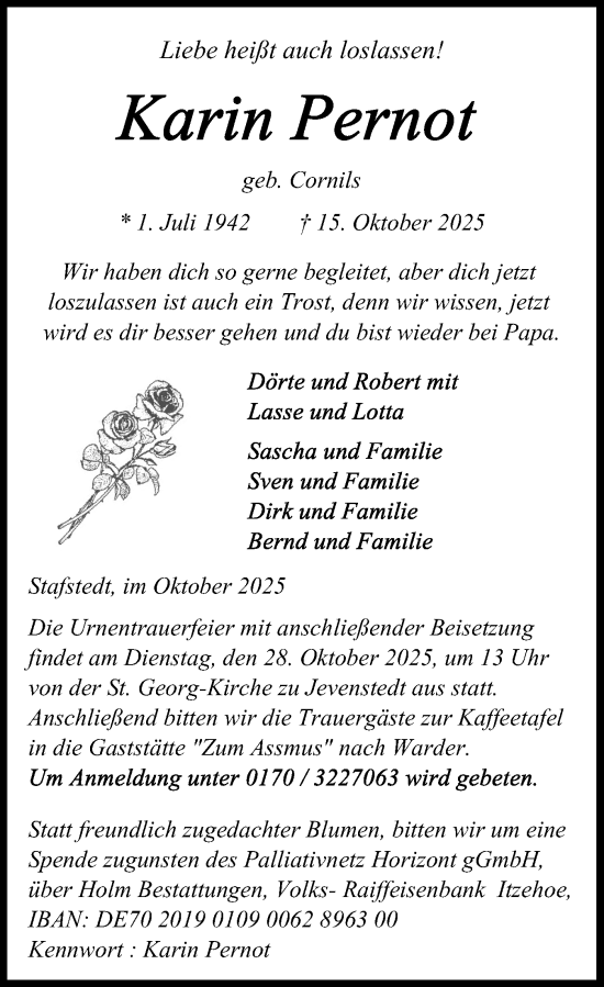 Traueranzeige von Karin Pernot von Schleswig-Holsteinische Landeszeitung