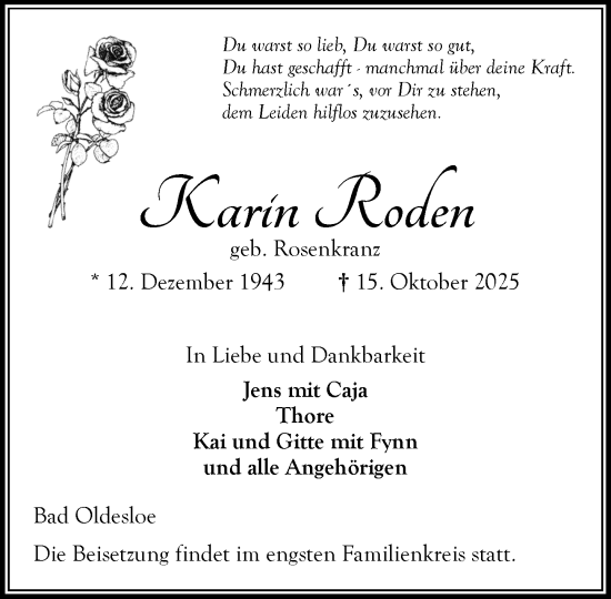 Traueranzeige von Karin Roden von MARKT Bad Oldesloe/Reinfeld und Stormarner Tageblatt