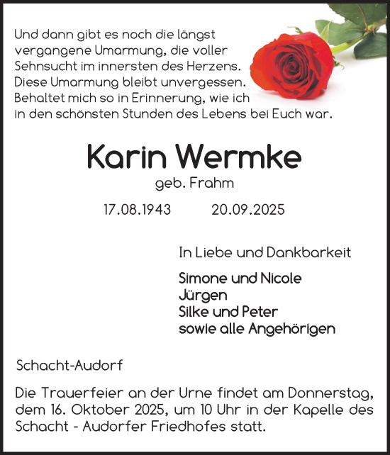 Traueranzeige von Karin Wermke von Schleswig-Holsteinische Landeszeitung