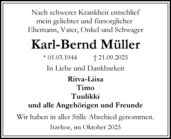 Traueranzeige von Karl-Bernd Müller von Norddeutsche Rundschau, Wilstersche Zeitung, Glückstädter Fortuna