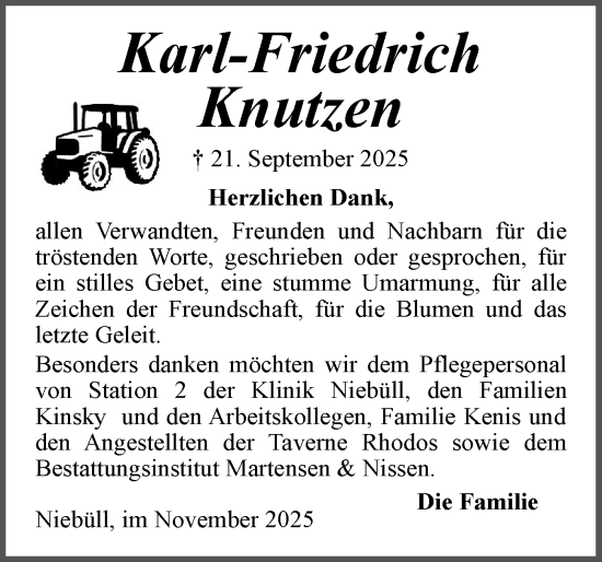 Traueranzeige von Karl-Friedrich Knutzen von Husumer Nachrichten, Nordfriesland Tageblatt