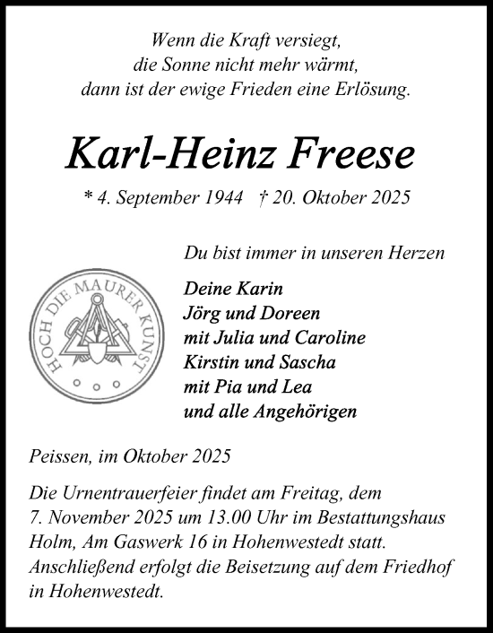 Traueranzeige von Karl-Heinz Freese von Norddeutsche Rundschau, Wilstersche Zeitung, Glückstädter Fortuna