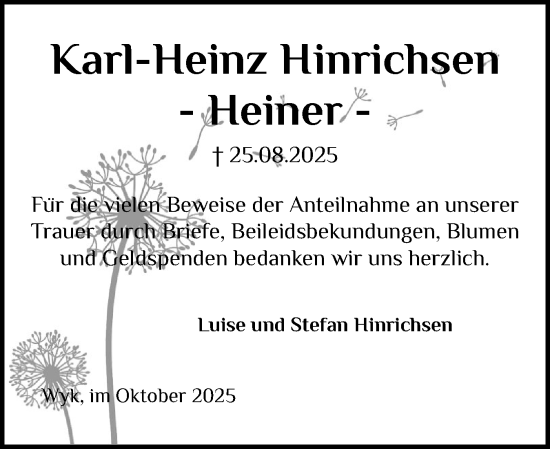 Traueranzeige von Karl-Heinz Hinrichsen von Der Insel-Bote