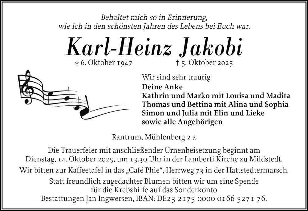  Traueranzeige für Karl-Heinz Jakobi vom 09.10.2025 aus Husumer Nachrichten, Nordfriesland Tageblatt