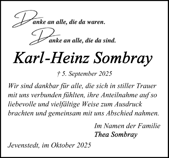 Traueranzeige von Karl-Heinz Sombray von Schleswig-Holsteinische Landeszeitung