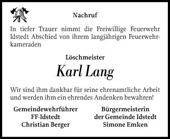 Traueranzeige von Karl Lang von Schleswigholsteiner Zeitung Trauer