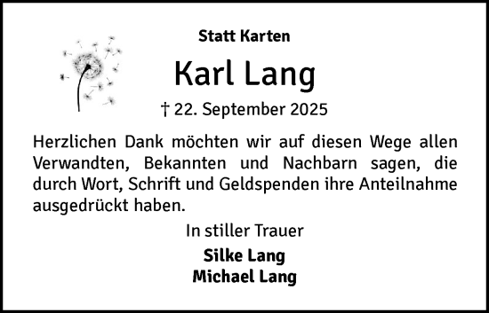Traueranzeige von Karl Lang von Schleswiger Nachrichten, Schlei-Bote