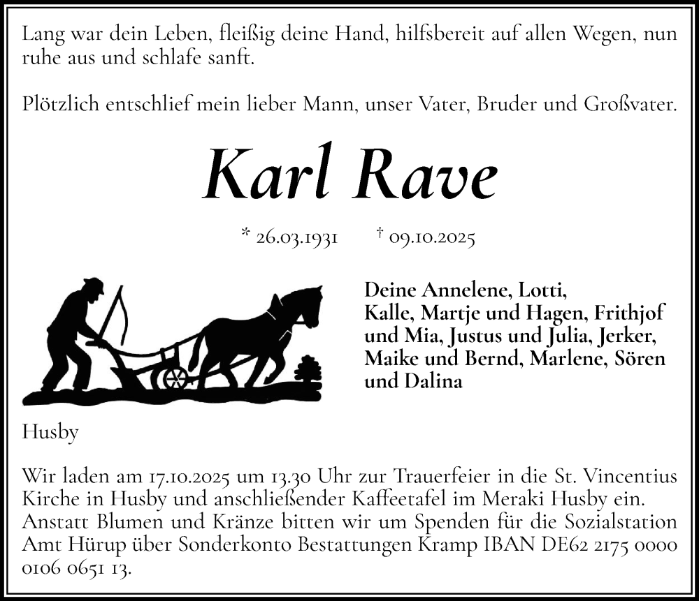  Traueranzeige für Karl Rave vom 13.10.2025 aus Flensburger Tageblatt