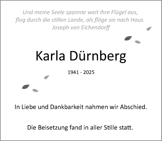 Traueranzeige von Karla Dürnberg von Wochenend Anzeiger