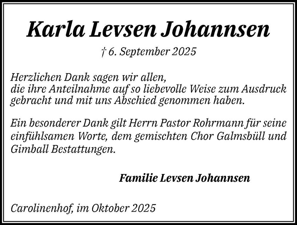  Traueranzeige für Karla Johannsen vom 25.10.2025 aus Husumer Nachrichten, Nordfriesland Tageblatt