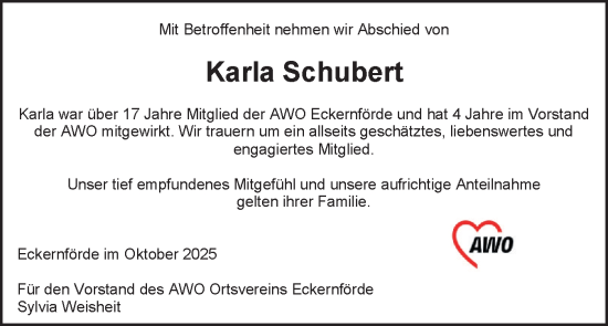 Traueranzeige von Karla Schubert von Eckernförder Zeitung, Hallo Eckernförde