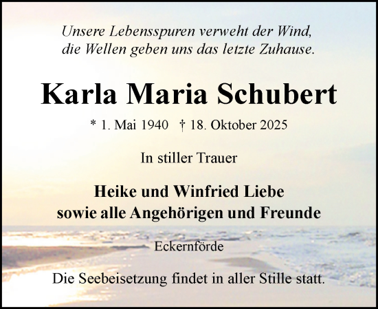 Traueranzeige von Karla Maria Schubert von Eckernförder Zeitung, Hallo Eckernförde
