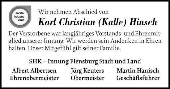 Traueranzeige von Karl Christian Hinsch von Flensburger Tageblatt, Schleswiger Nachrichten, Schlei-Bote