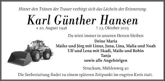 Traueranzeige von Karl Günther Hansen von Husumer Nachrichten, Nordfriesland Tageblatt