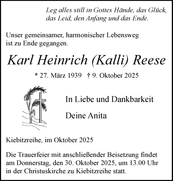 Traueranzeige von Karl Heinrich Reese von Elmshorner Nachrichten, Barmstedter Zeitung