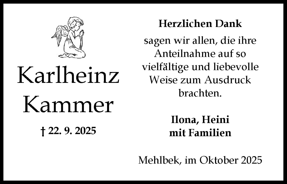  Traueranzeige für Karlheinz Kammer vom 18.10.2025 aus Norddeutsche Rundschau, Wilstersche Zeitung, Glückstädter Fortuna
